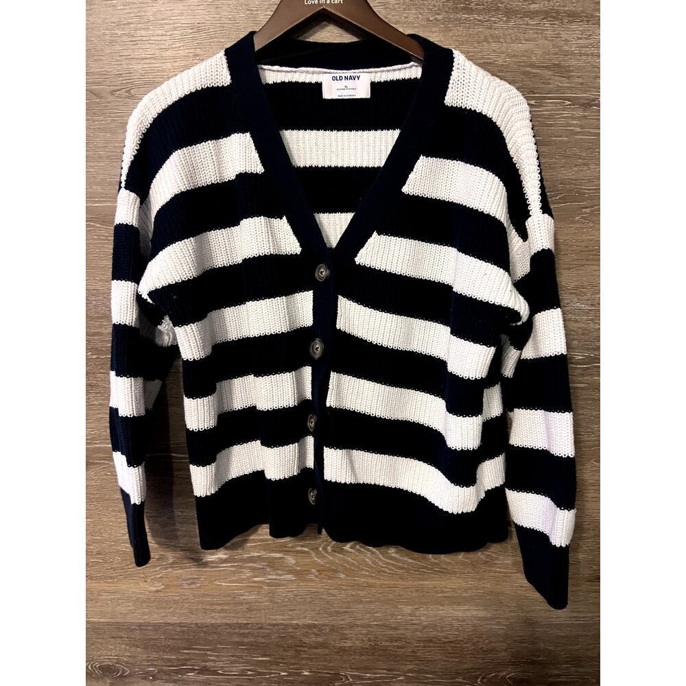 Old Navy Sweater Nautical size 12 XL Stripped Navy Blue Cardigan button Classic